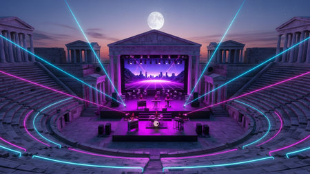 An ancient amphitheater is set for a neon-lit concert, with a stage, seating, and a full moon in...