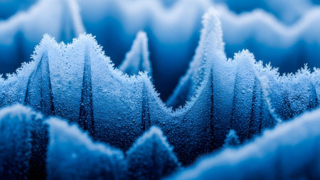 Abstract close up of sharp blue ice formations covered in frost with intricate crystalline...の写真素材