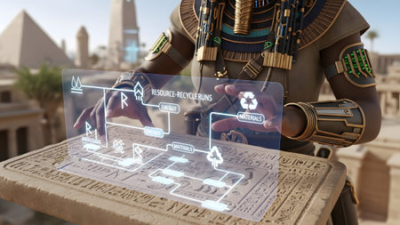 115448 showing ancient egyptian interacting with futuristic holographic display showing resource...の写真素材