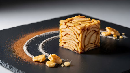 Cube showing artistic apple dessert cube with cinnamon dust swirl on slate platter.