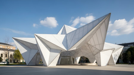 White showing angular white pavilion with geometric facade under blue sky. resolution