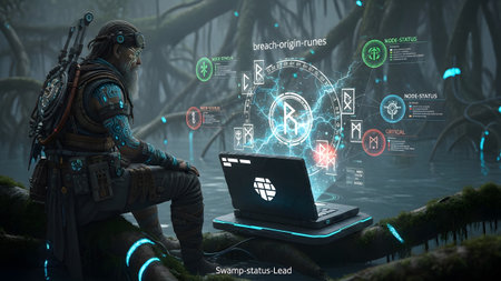 A bearded man in steampunk clothing sits in a swamp, interacting with a futuristic laptop...