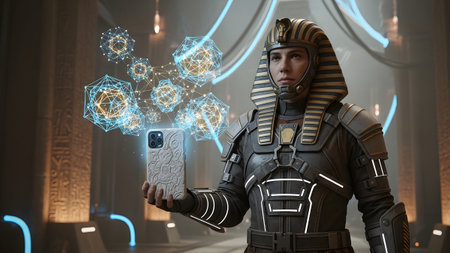 An Egyptian pharaoh in advanced armor holds a smartphone projecting a glowing blue and gold...