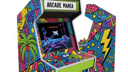 A retro arcade cabinet bursts with color from abstract geometric patterns, showcasing a...
