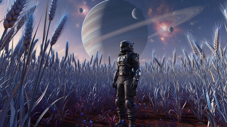 Overhead showing astronaut standing in a field of purple wheat on an alien planet with a ringed...
