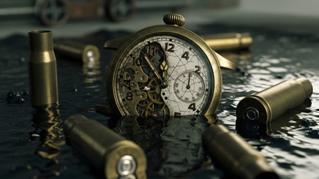 An antique pocket watch with visible gears, partially submerged in dark water, surrounded by...の写真素材