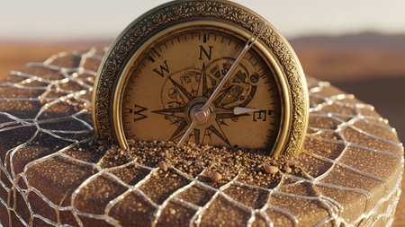 Sand showing antique brass compass partially buried in sand and covered with a net.の写真素材