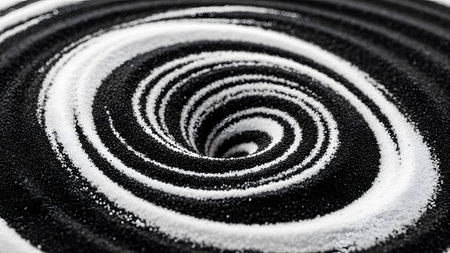 Black and white granular creates a stark, swirling vortex pattern on a dark surface, emphasizing...の写真素材