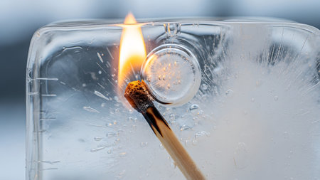 Stock showing burning match frozen in ice block showing flame and water droplets.