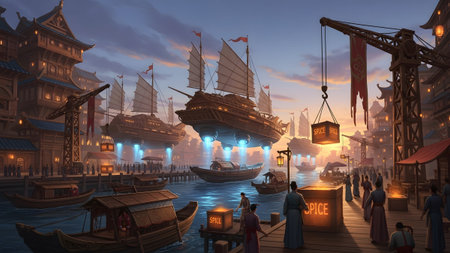 A bustling steampunk harbor at sunset with floating ships and people trading goods, with traditional...の写真素材