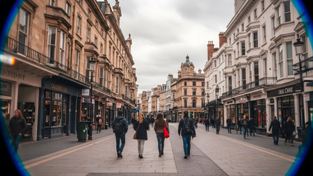Pedestrians walk along a wide city street lined with multi-story buildings and shops under an...の写真素材
