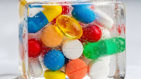 Colorful pills and capsules are frozen within a clear ice cube, featuring visible water droplets...の写真素材