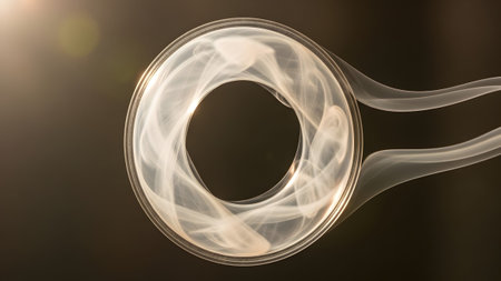 Patterns showing circular smoke ring with swirling patterns and soft lighting on dark...の写真素材