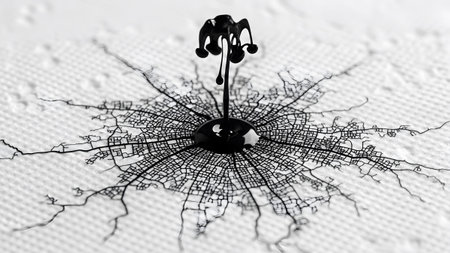 Stock showing black ink droplet creating abstract city map pattern on textured surface.