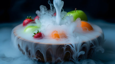 Dark showing assortment of fresh fruits in a wooden bowl with dramatic swirling white smoke...の写真素材