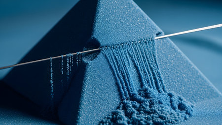 Stock showing blue pyramid geometric shape being cut by thin metal wire releasing granular.