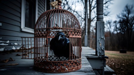 Stock showing black crow perched inside an old rusty birdcage on a weathered wooden porch.