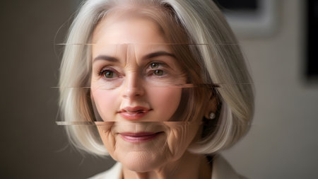 Close-up portrait of a smiling elderly woman with grey hair and a subtle digital glitch effect.の写真素材
