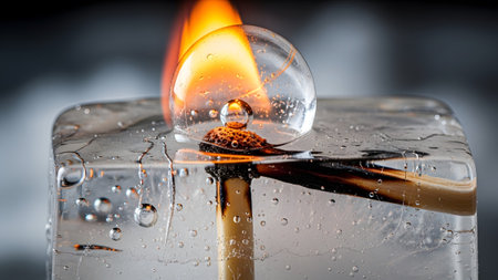 Stock showing burning match head encased in ice with water bubbles and flame detail.