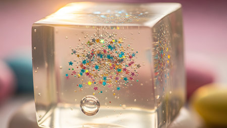 Cube showing clear cube filled with colorful glitter stars and bubbles with soft pink...の写真素材