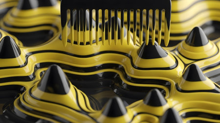 A black comb penetrates a glossy liquid surface with black and yellow waves, creating a textured...
