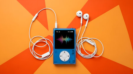 White showing blue transparent portable music player with white earbuds and sound wave display...