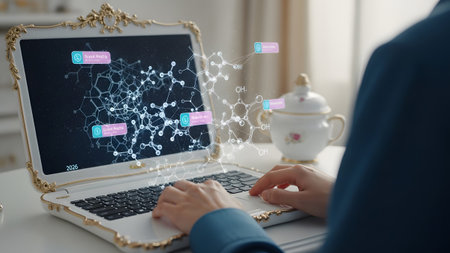 Structures showing close-up of hands typing on ornate laptop displaying molecular structures and...