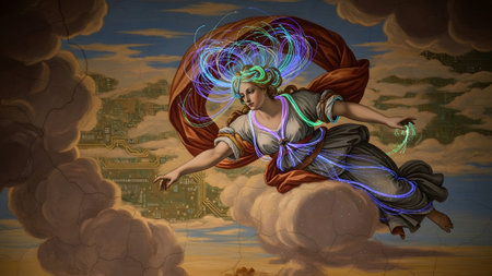Stock showing classical painting of a female figure with fiber optic strands in a cloudy sky....