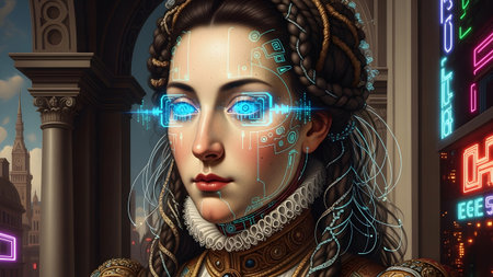 Renaissance showing close-up portrait of a renaissance woman with cybernetic implants and...