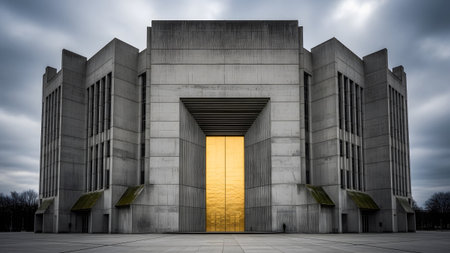 Stock showing brutalist architecture building with large golden doors and overcast sky.の写真素材