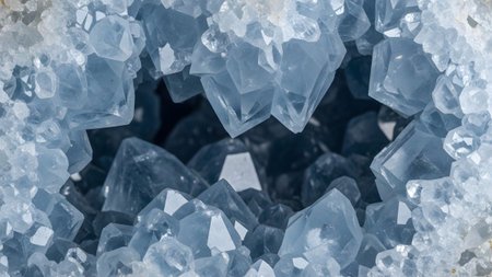 Dark showing close up of light blue celestine crystal cluster with angular facets and deep...の写真素材