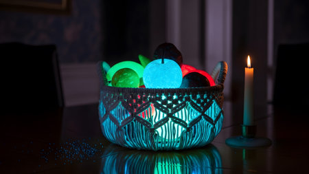Scene showing candlelit scene with a glowing fruit basket emitting neon green and blue light on a table.の写真素材