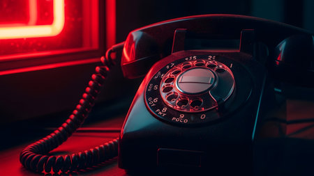 Stock showing close-up of a black rotary dial telephone with red neon illumination.の写真素材