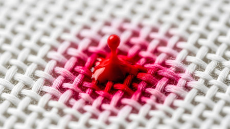 Macro view of a vibrant red liquid drop creating a splash on a white woven fabric with pink dye.の写真素材