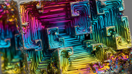 Stock showing close-up of a bismuth crystal with iridescent rainbow colors and geometric...の写真素材