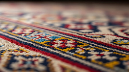 Showing close-up of a textured rug with a repeating geometric pattern in red...の写真素材