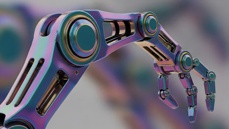 A close-up view of a polished metallic robotic arm with an iridescent chrome finish, its...