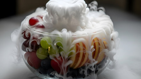 Organic showing close-up of a glass bowl filled with colorful fresh fruit and swirling white...の写真素材