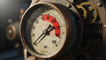 Stock showing close up steampunk pressure gauge with psi reading and visible gears.