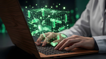 Laptop showing close-up of hands typing on a wooden laptop with a glowing green 3d cube data...