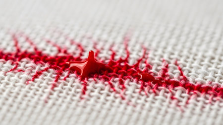 White showing close-up of red liquid droplet on white knitted fabric texture. resolution...