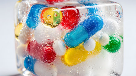 Close-up view of colorful pharmaceutical pills and capsules trapped within a melting ice cube,...
