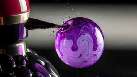 Stock showing close-up of a needle piercing a swirling purple liquid sphere creating splashes....の写真素材