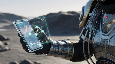 Holding showing close-up of a person in futuristic armor holding a transparent smartphone...の写真素材
