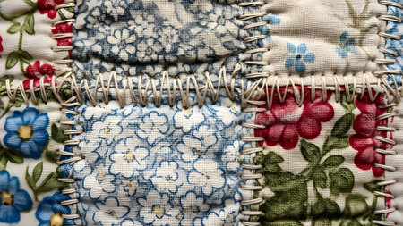 Detailed view of a handmade quilt featuring floral patterns in blue, red, and white, with...