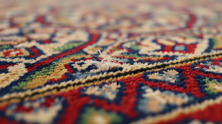 Persian showing close-up of a worn persian rug with frayed threads showing intricate red blue...