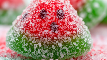 Close-up of a sugar-coated watermelon gummy candy.の写真素材
