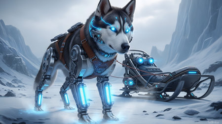 Stock showing close-up of a cybernetic husky dog with glowing blue eyes and mechanical limbs in...の写真素材