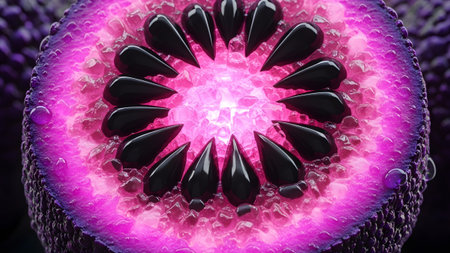 Seeds showing close-up of a vibrant purple fruit cut in half revealing black seeds and glowing...の写真素材