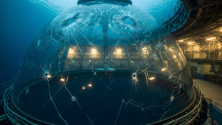 Glass showing cracked glass dome of underwater structure with interior lights and ocean water....